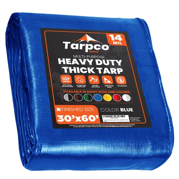 Tarpco Safety Heavy Duty Tarp, 60 ft L x 0.5 mm H x 30 ft W, 14 Mil, Blue, Polyethylene TS-105-30X60 - main